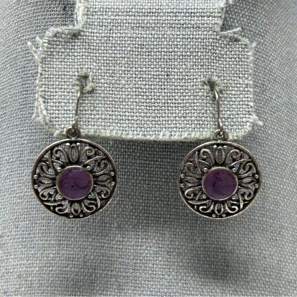 Boho Purple Enamel Round Medallion Dangle Earrings Silver Tone Filigree - Picture 2 of 6